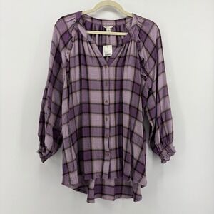 Cato Women's Purple Plaid Long Sleeve Button Up Tunic Top Size Large New